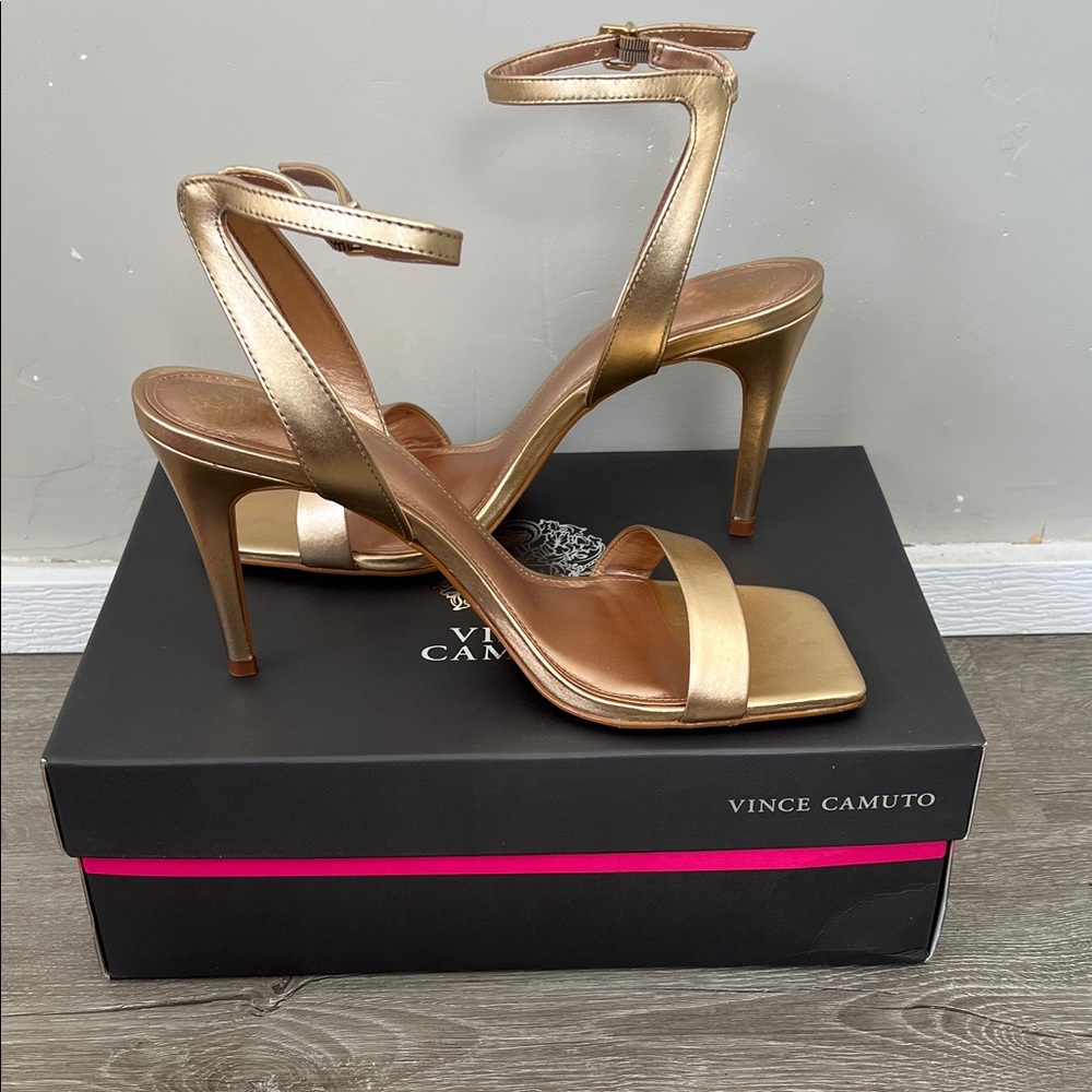Vince Camuto Gold Metallic Ankle-Strap Stiletto Sandals